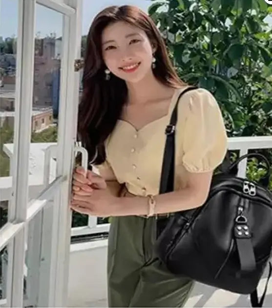 Women's Leather Backpack Dual Compartment Solid Pattern