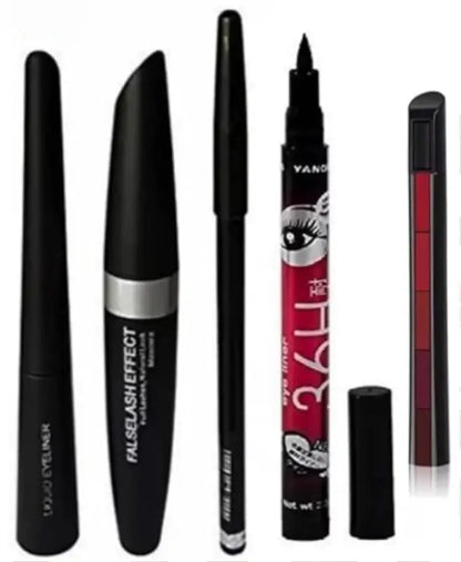 Combo of Waterproof Eyeliner, Mascara & Eyebrow Pencil with Kajal (Pack of 5)