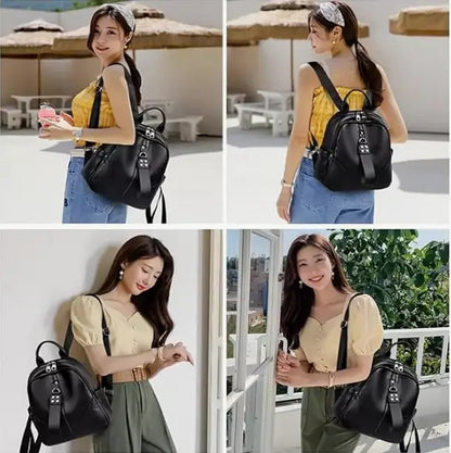 Women's Leather Backpack  Dual Compartment Solid Pattern