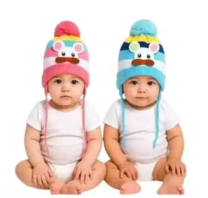 Multicolour New Born Baby Winter Soft Cap with Fur Inside  Pack of 2