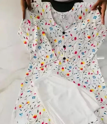 Womens Cotton Kurta Set  White Printed Kurta with Pant & Dupatta