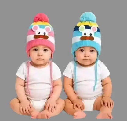 Multicolour New Born Baby Winter Soft Cap with Fur Inside  Pack of 2