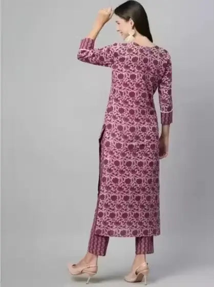 Womens Cotton Kurti Set with Bottomwear  Purple Kurta & Maroon Pants, Three-Quarter Sleeves, Printed Floral, Daily Wear