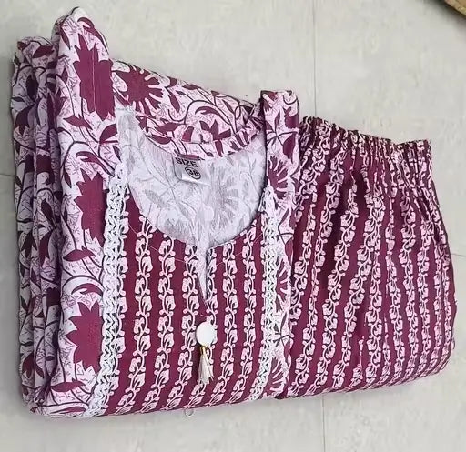 Womens Cotton Kurti Set with Bottomwear  Purple Kurta & Maroon Pants, Three-Quarter Sleeves, Printed Floral, Daily Wear