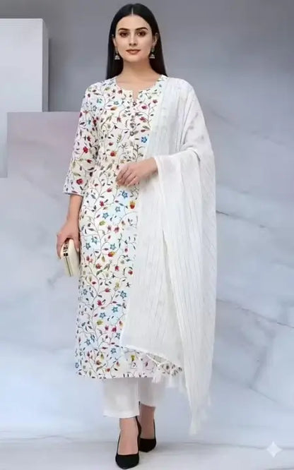 Womens Cotton Kurta Set  White Printed Kurta with Pant & Dupatta