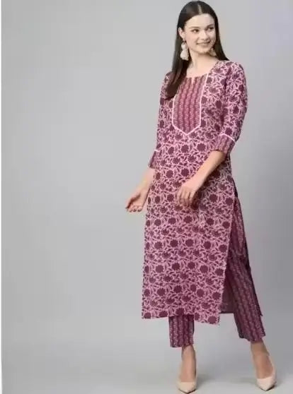 Womens Cotton Kurti Set with Bottomwear  Purple Kurta & Maroon Pants, Three-Quarter Sleeves, Printed Floral, Daily Wear