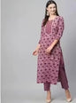Womens Cotton Kurti Set with Bottomwear  Purple Kurta & Maroon Pants, Three-Quarter Sleeves, Printed Floral, Daily Wear