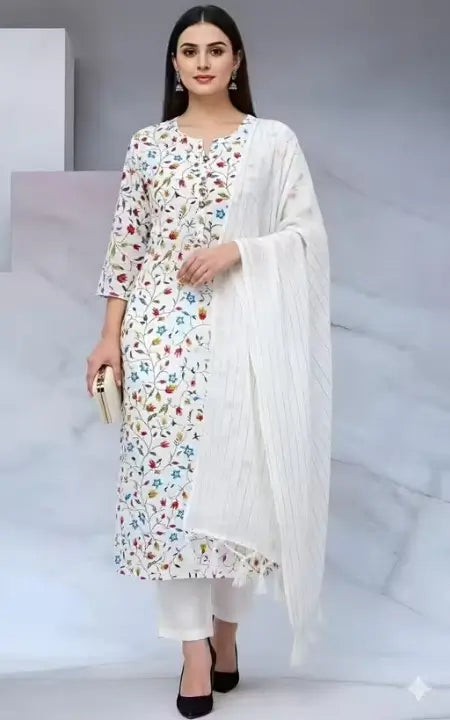 Womens Cotton Kurta Set  White Printed Kurta with Pant & Dupatta