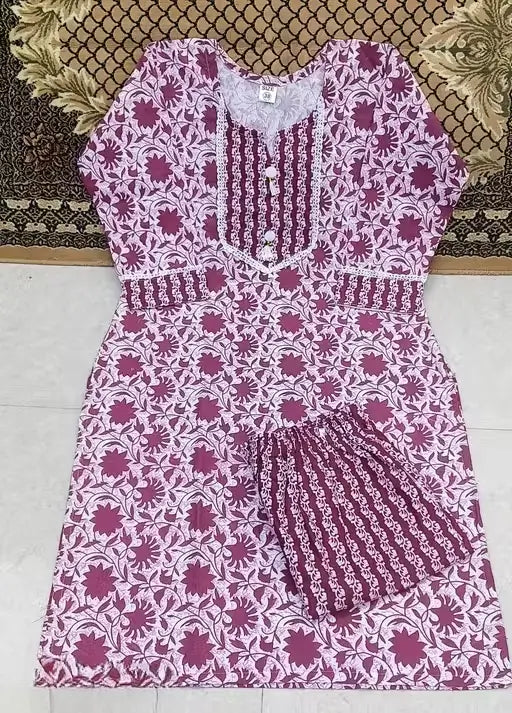 Womens Cotton Kurti Set with Bottomwear  Purple Kurta & Maroon Pants, Three-Quarter Sleeves, Printed Floral, Daily Wear
