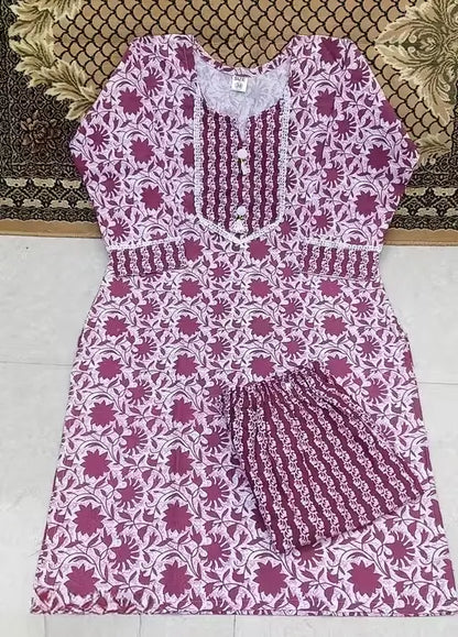 Womens Cotton Kurti Set with Bottomwear  Purple Kurta & Maroon Pants, Three-Quarter Sleeves, Printed Floral, Daily Wear